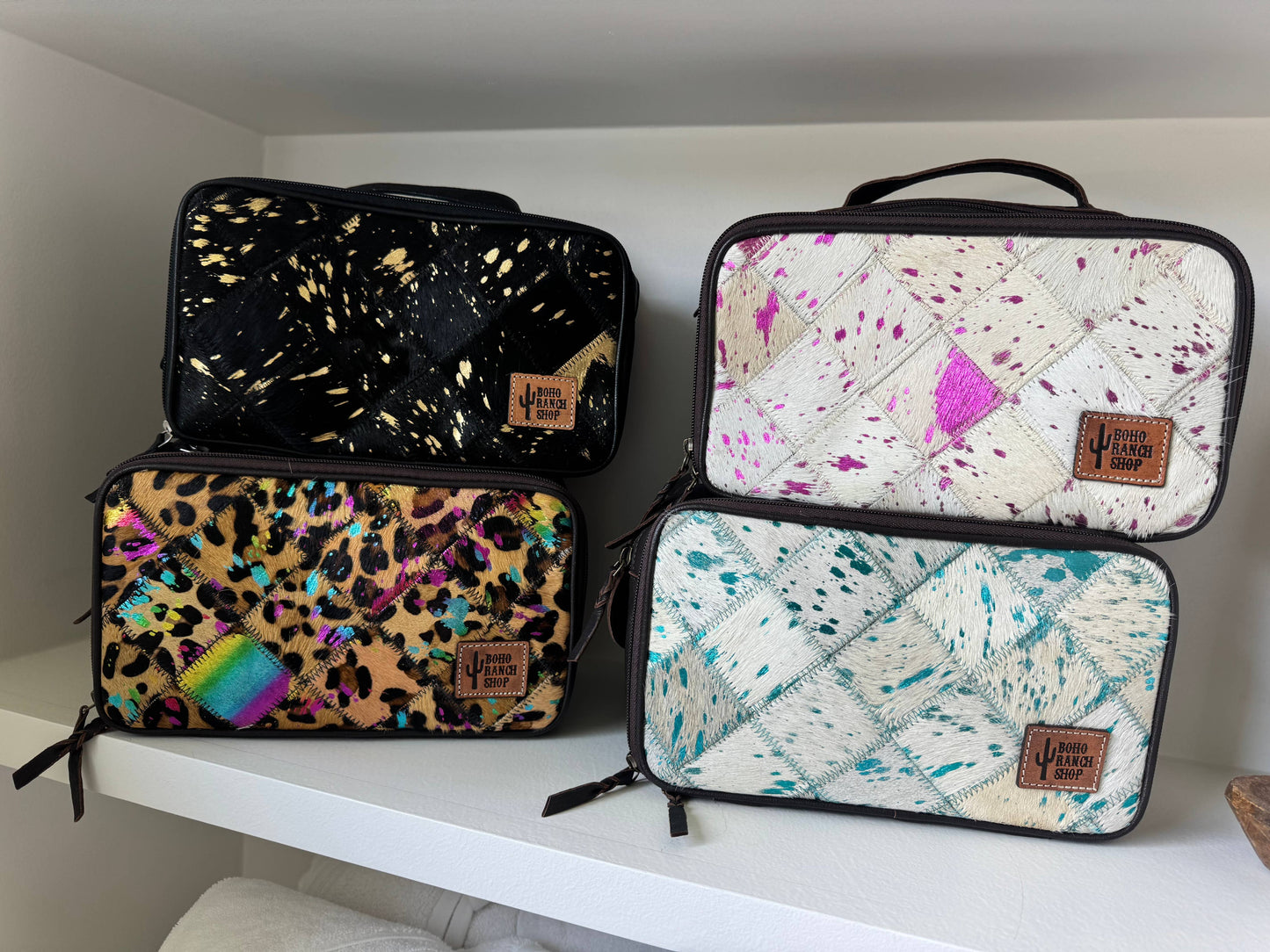 COWHIDE COSMETICS TRAVEL bag Genuine Hair On Leather makeup: BLACK + WHITE COWHIDE