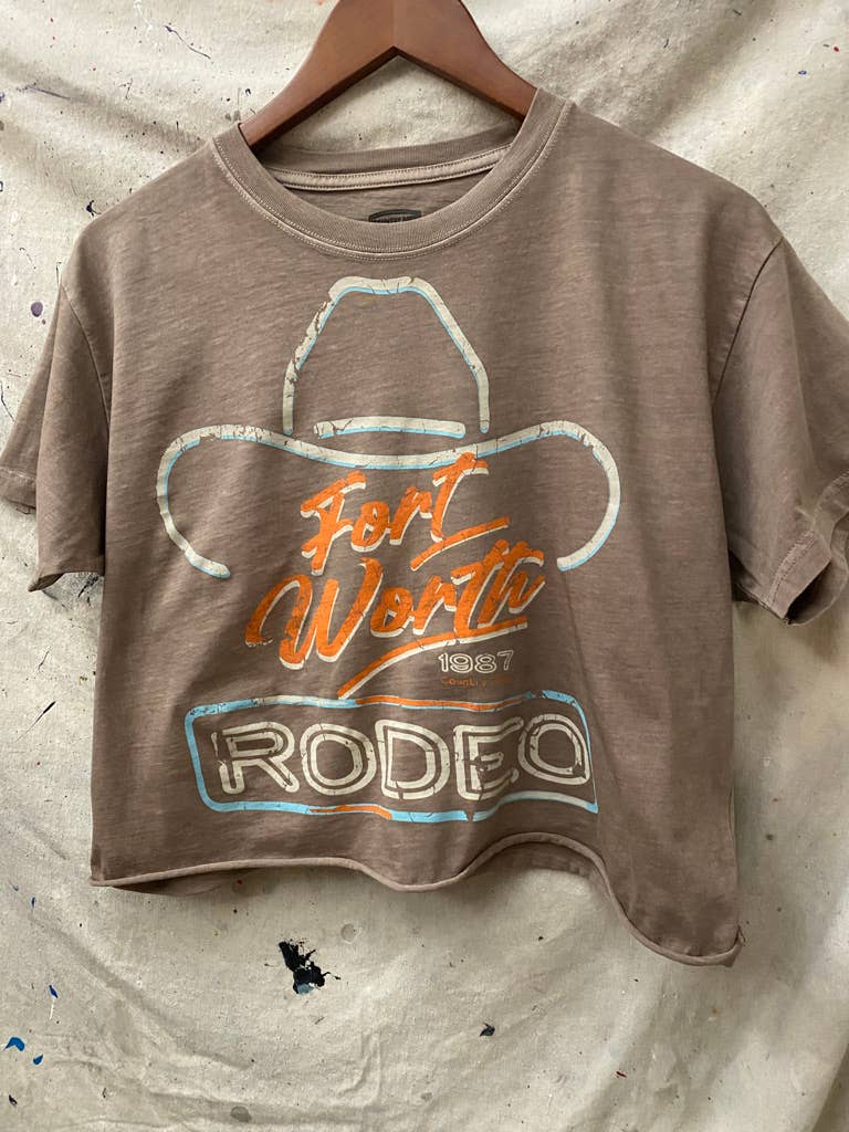 Fort Worth Rodeo 87 Vintage Relaxed Crop T-shirt  : Small Faded Brown