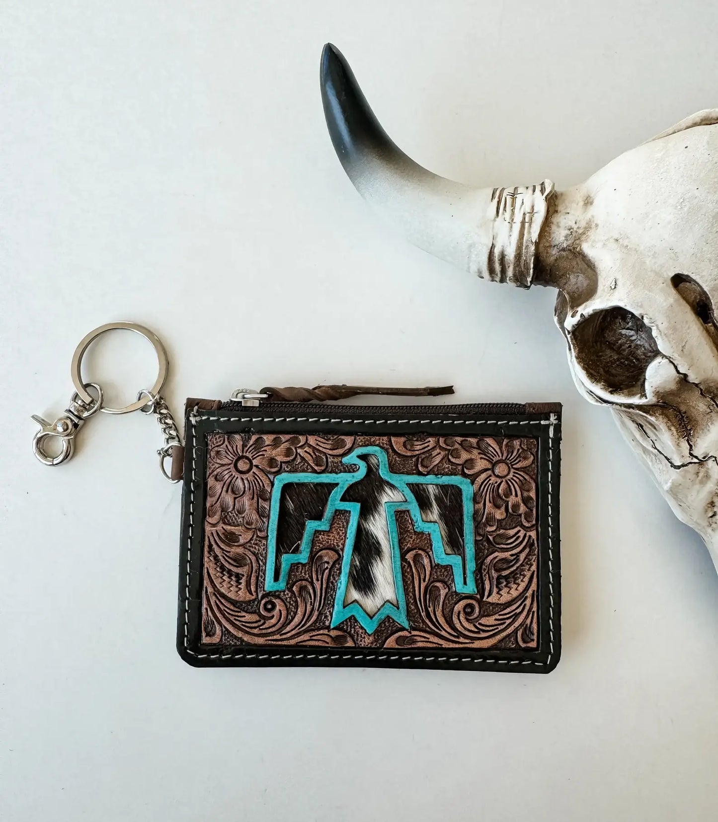 Western Cowhide Leather Keychain Wallet Longhorn Thunderbird: LONGHORN