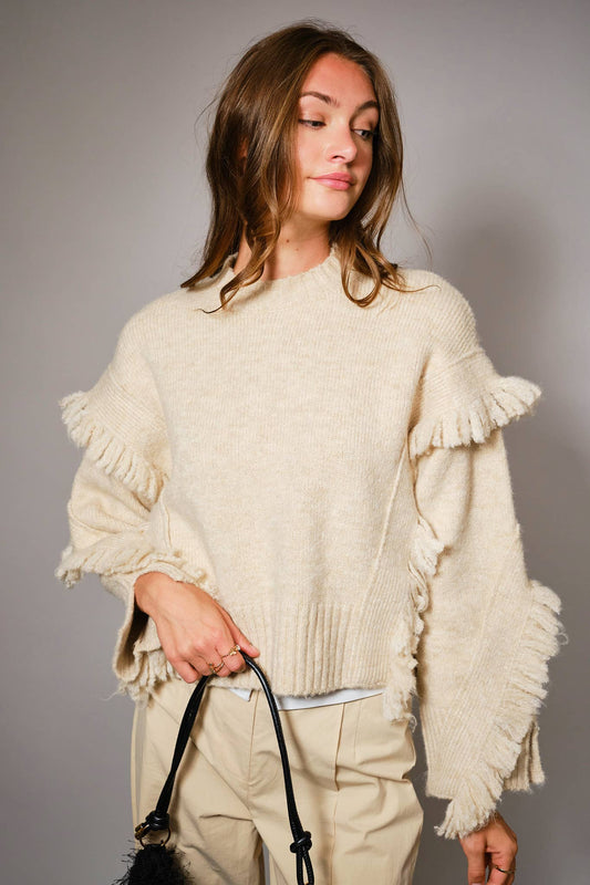 Montana-Fringe Detail Pullover Sweater: TAUPE