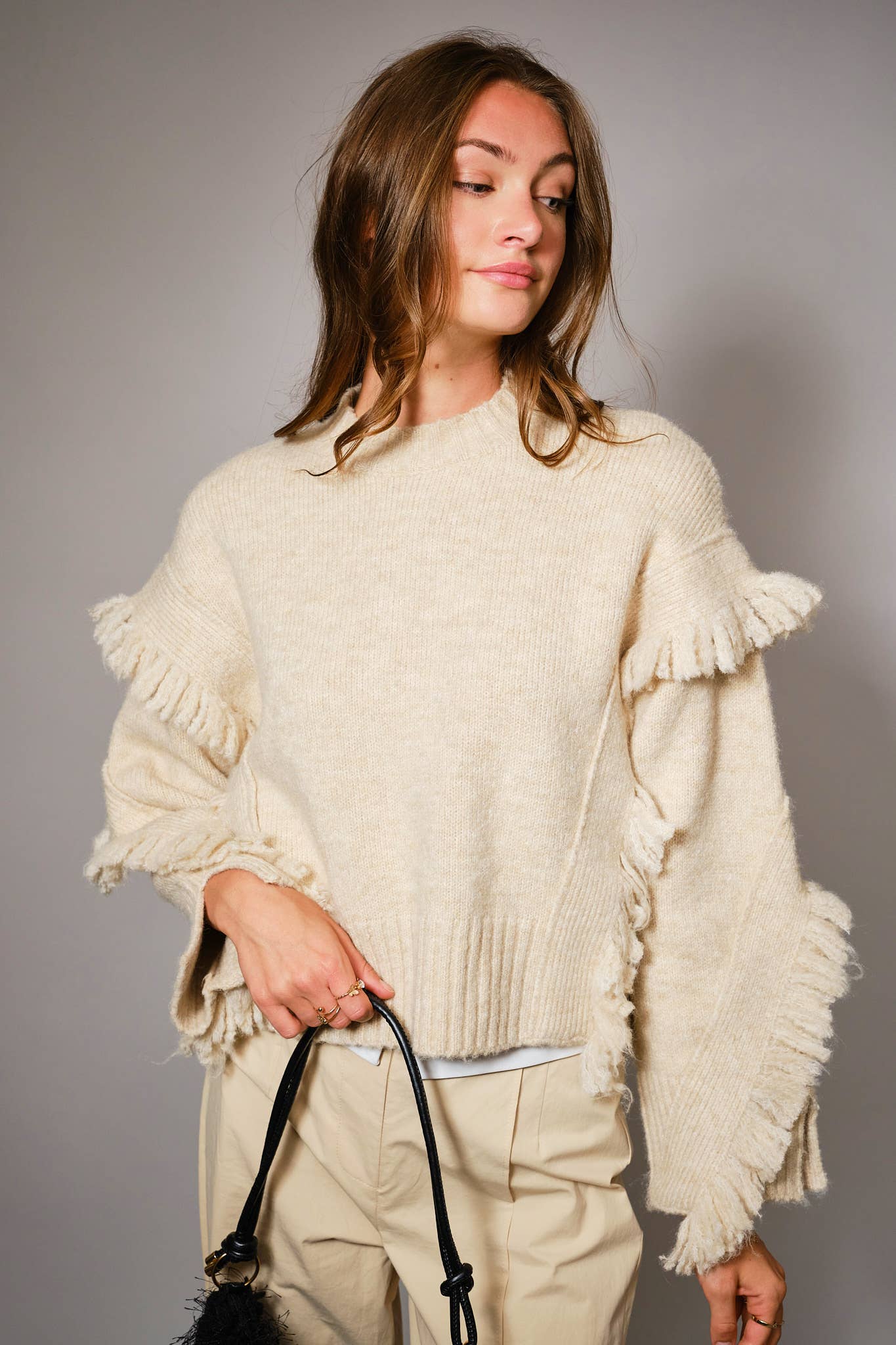 36826W - Fringe Detail Pullover Sweater: TAUPE / L