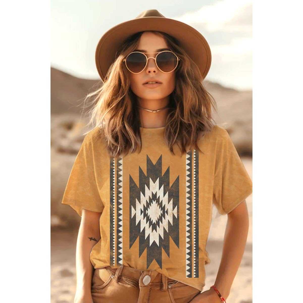NAVAJO INSPIRED GEOMATRIC MINERAL GRAPHIC TOP: Mineral Oatmeal