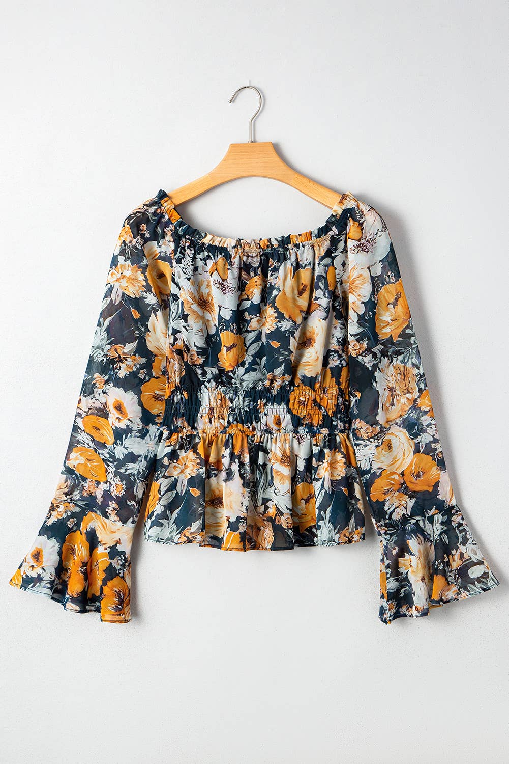 Floral Off Shoulder Bell Sleeve Smocked Peplum Top: Blue / L
