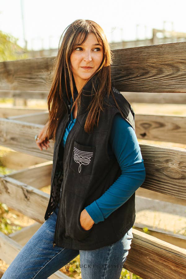 Black Puffer W Aztec Lining Boot Stitch Detail Vest: M