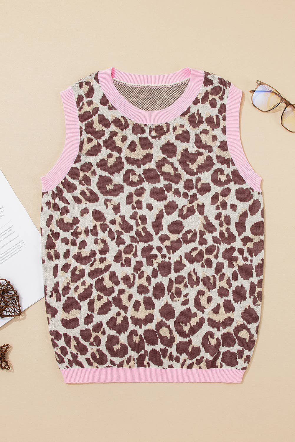 Leopard Pattern Contrast Ribbed Trim Sweater Vest