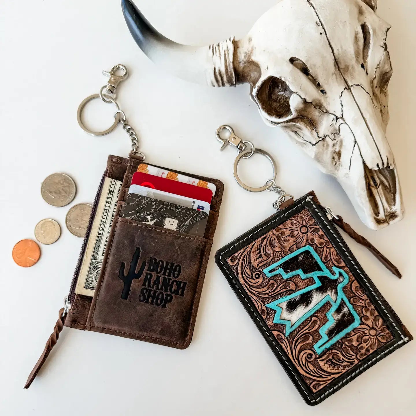 Western Cowhide Leather Keychain Wallet Longhorn Thunderbird: LONGHORN