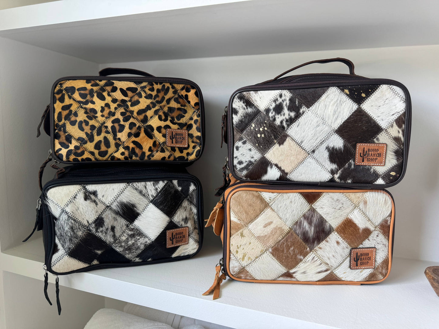 COWHIDE COSMETICS TRAVEL bag Genuine Hair On Leather makeup: BLACK + WHITE COWHIDE