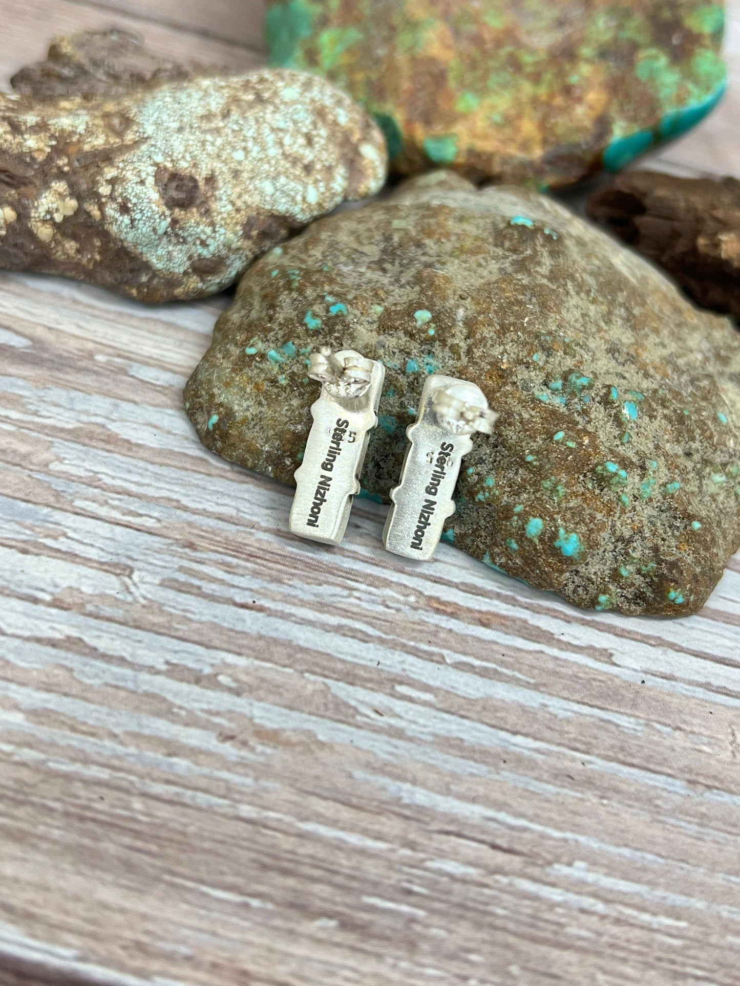 Handmade Sterling Silver Kingman Turquoise Post Studs with Signed Nizhoni: Kingman Turquoise / Studs