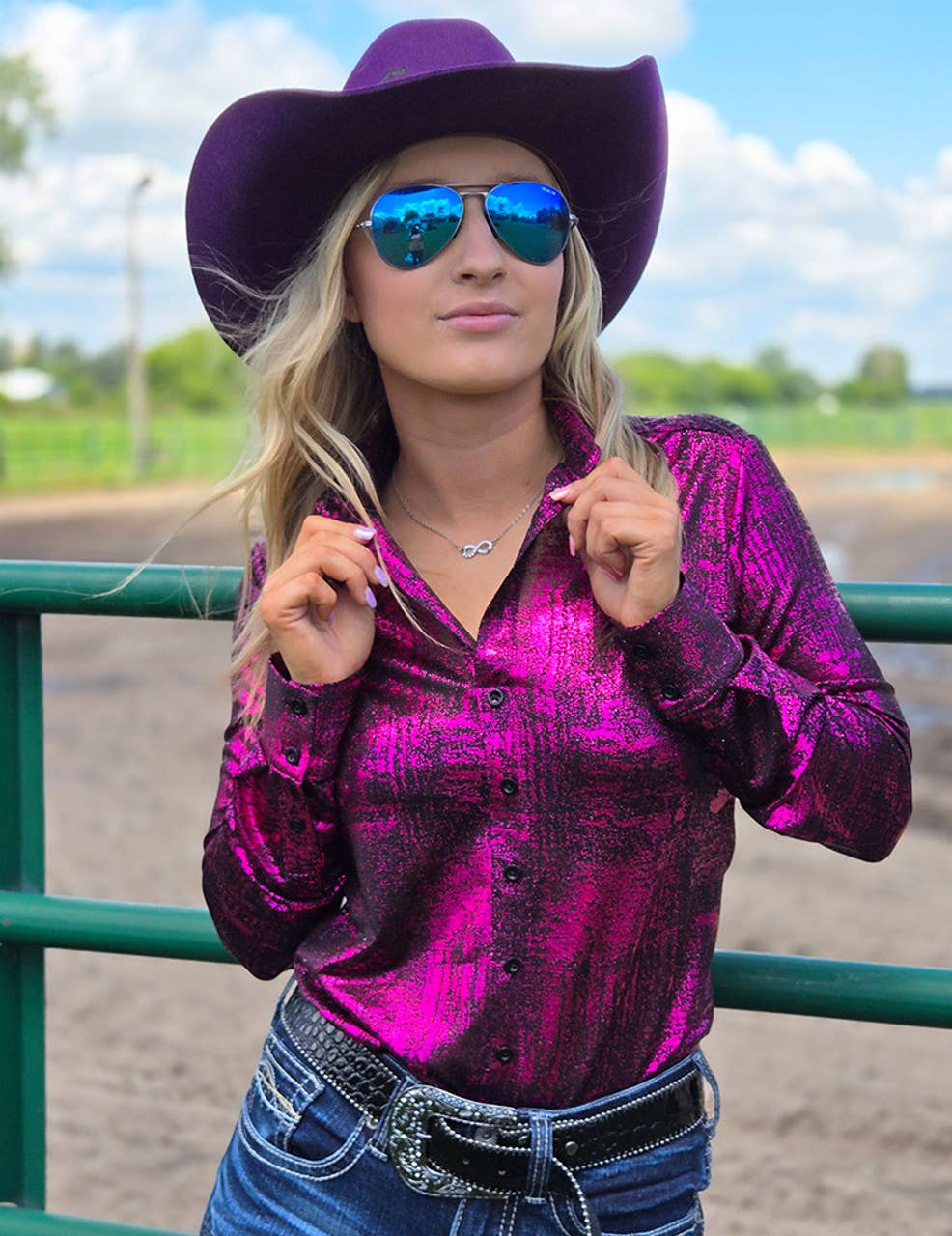 Pullover Button Up With Foil And Black Shimmer Stretch: Large