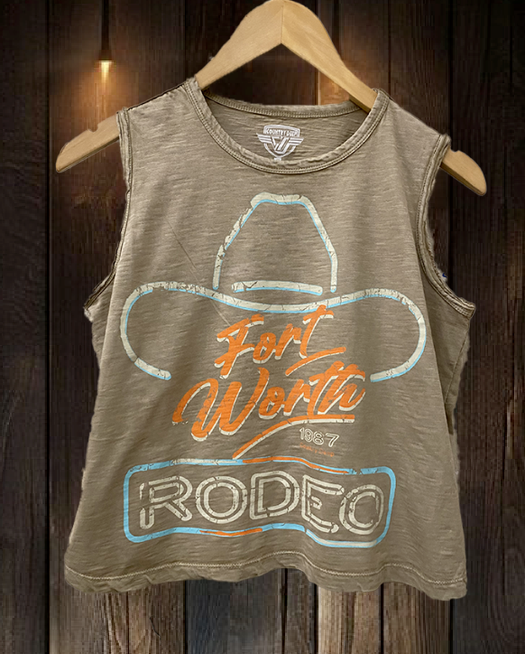 Fort Worth Rodeo 1987 vintage Muscle Crop Top : Small Faded Brown