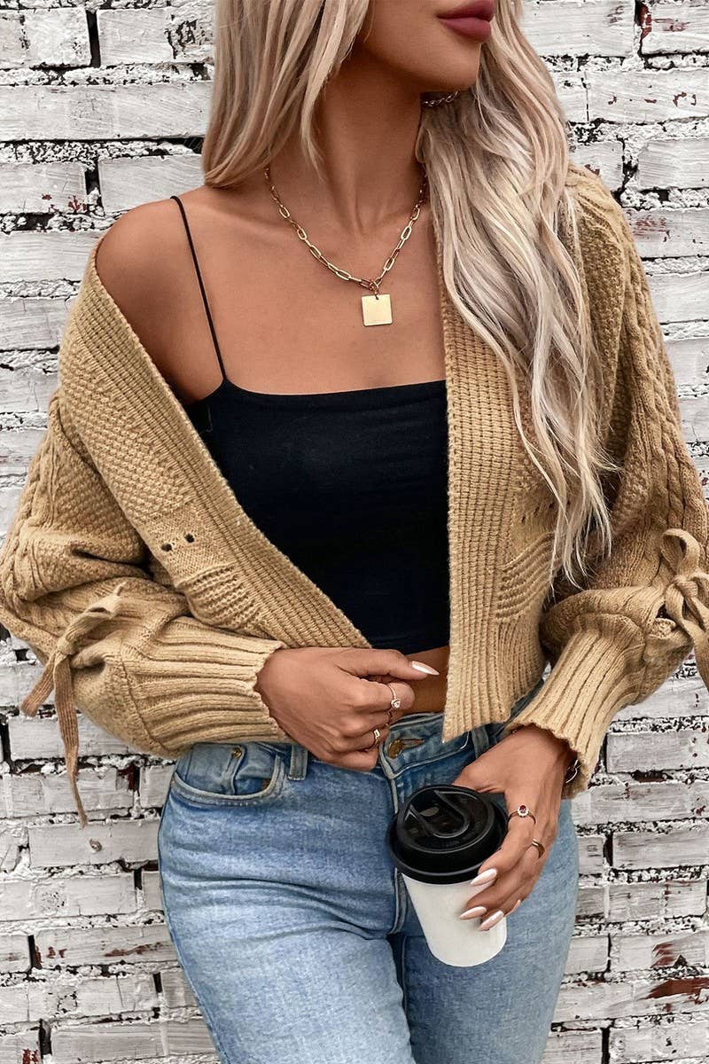 CWOCAL0850_LONG SLEEVE BOW TIE KNIT CARDIGAN SWEATER: KHAKI / (L) 1