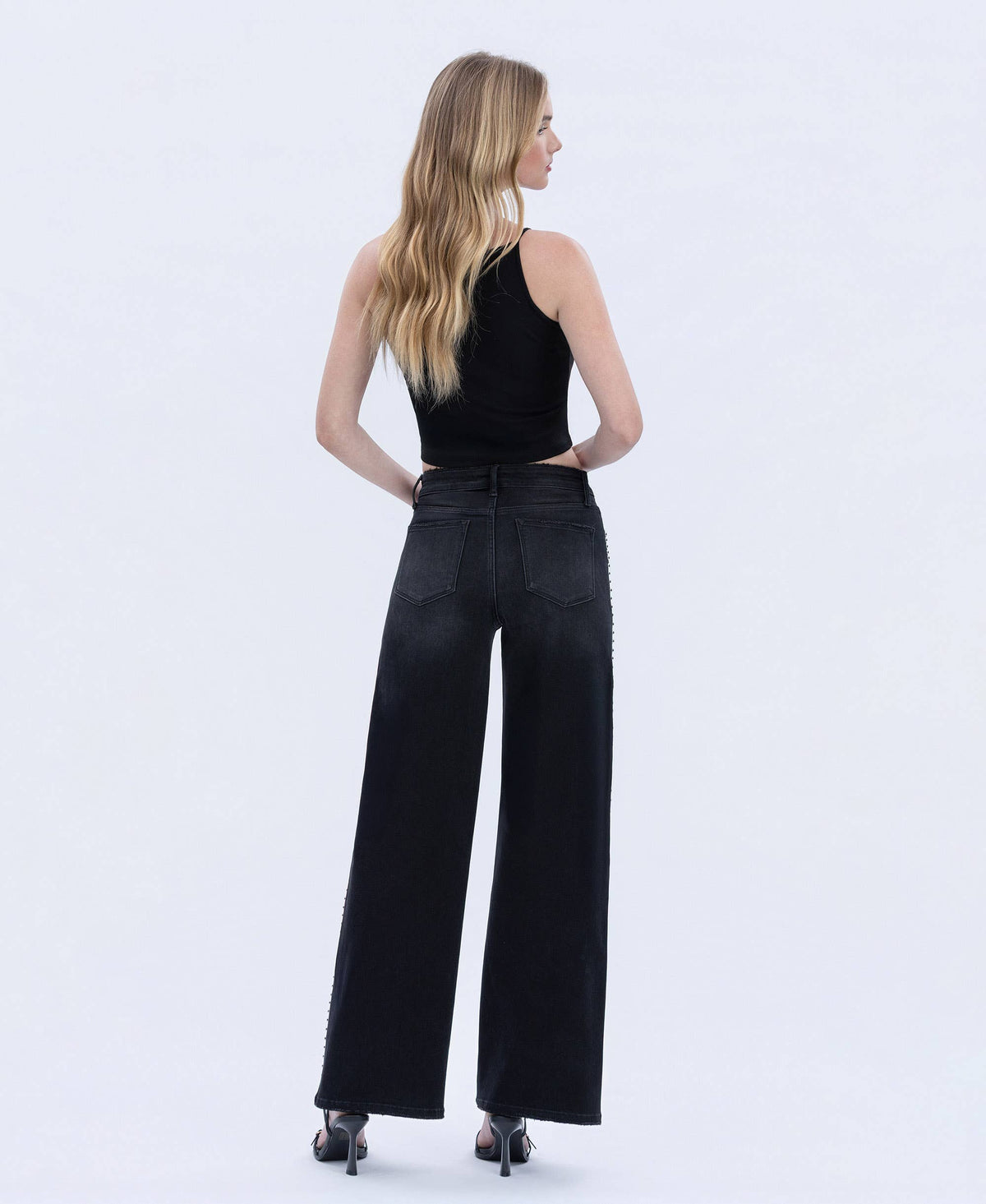 HIGH RISE SILVER DOME NAIL HEAD DETAIL WIDE JEANS V3712BK: Black / 25