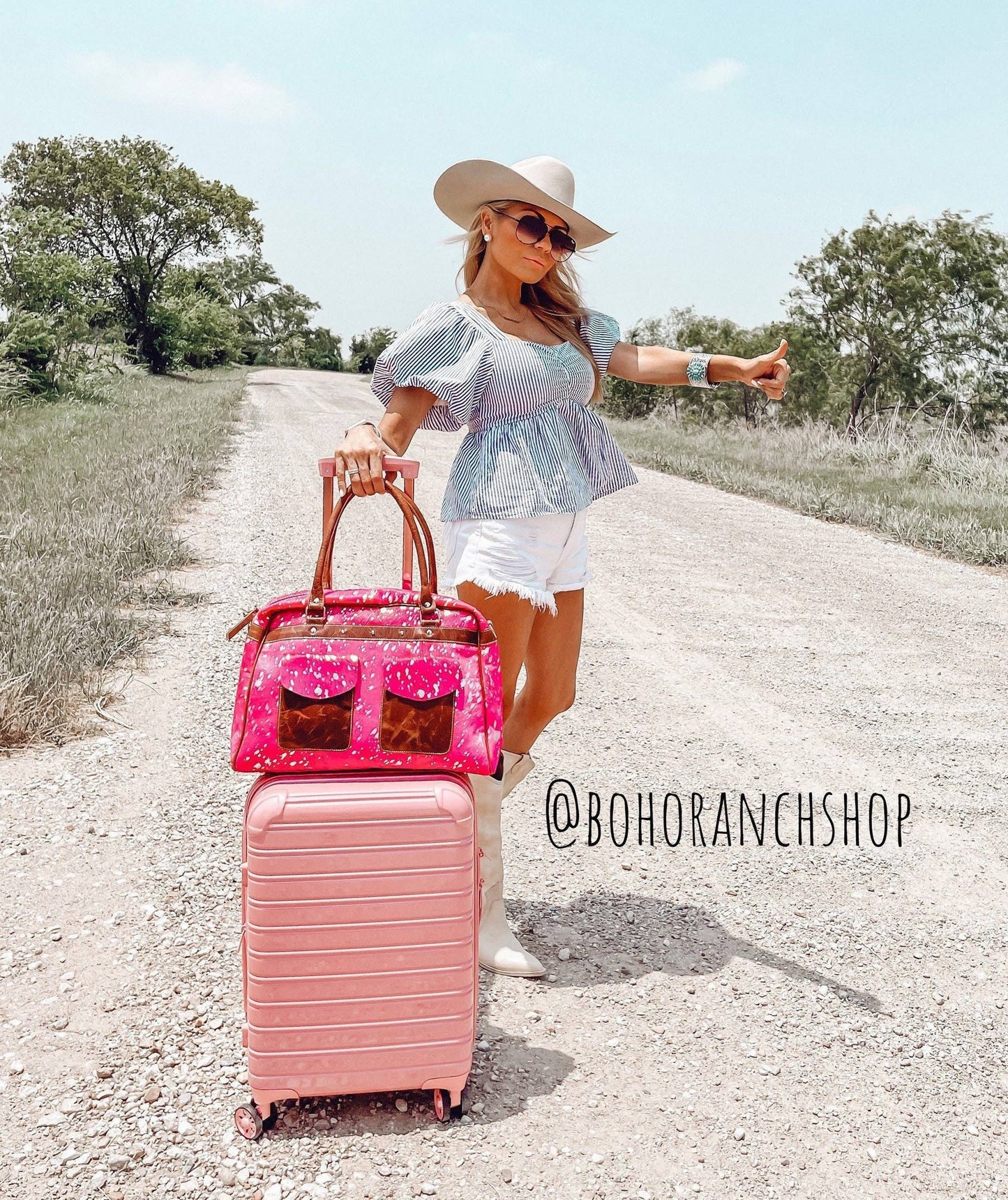 Weekender Duffle Leather Hair On Cowhide Duffel Travel Bag: Pink + Silver Specs